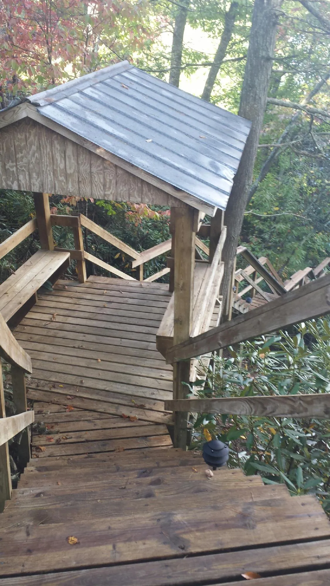 Metal roofed shelter over wooden steps on a wooded walkway — Skylight Repair & Installation work by our crew in Elkmont
